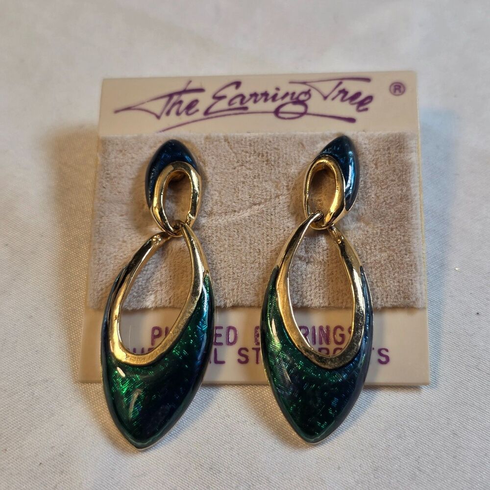 Vintage 80s The Earring Tree Blue Green Peacock Enamel Drop Hoop Earrings NEW